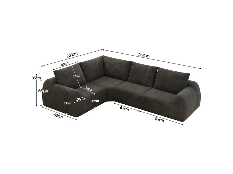  Canapé compressé 267x200x85 cm, 4 places, tissu chenille, gris foncé  - Conforama E