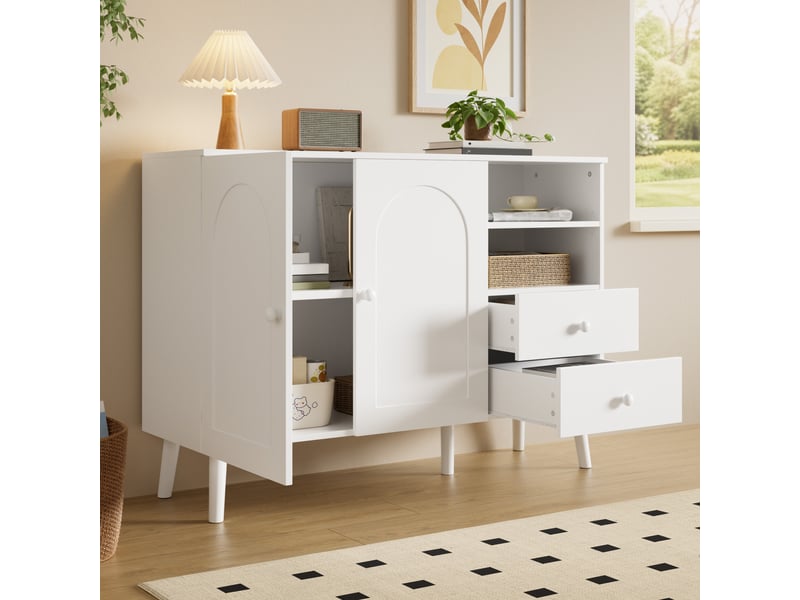  Buffet bas 118x35x82 cm, bahut meuble de rangement salon et entrée, 2 portes galbées, 2 tiroirs, 2 niches, pieds en bois - blanc  - Conforama E
