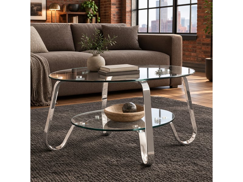  Table basse ronde à 2 niveaux avec rangement pour salon en métal et verre transparent argenté  - Conforama B
