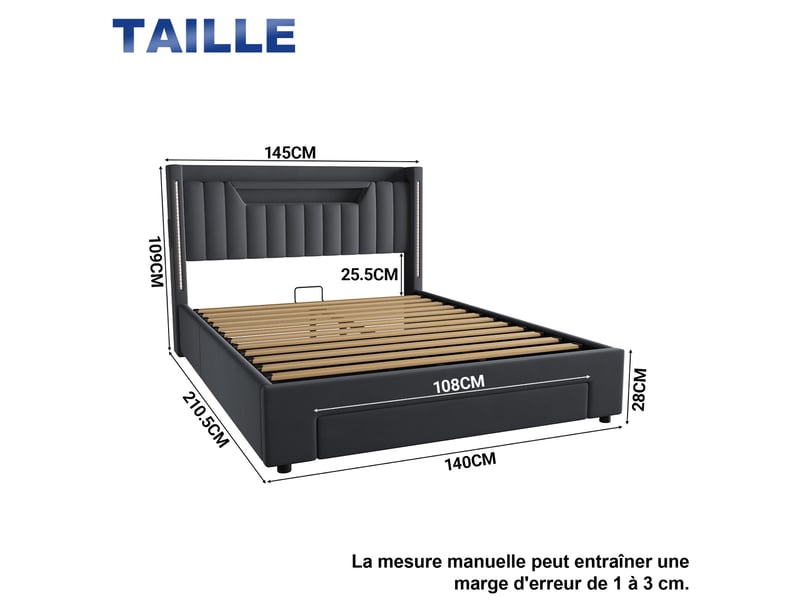  Tcqpz lit coffre 140x200 cm gris foncé avec led, fonction de charge et rangement  - Conforama C