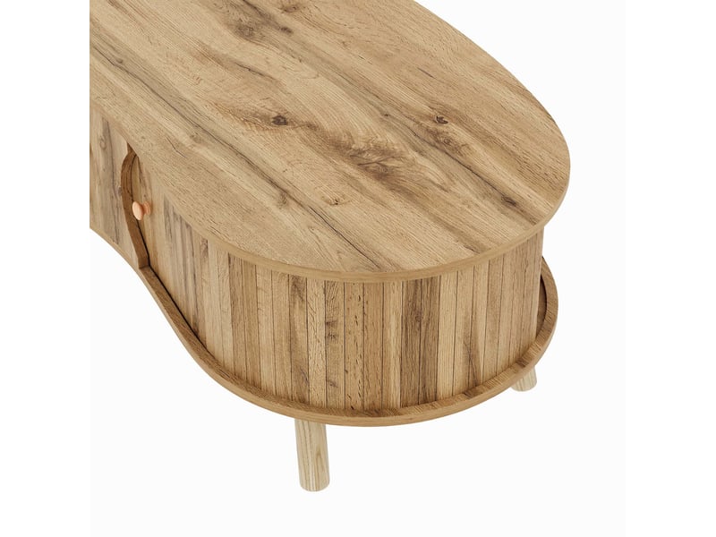 Table basse en forme de pois aspect rainuré, 2 portes coulissantes, aspect bois, pieds en bois massif, matériau MDF  - Conforama E