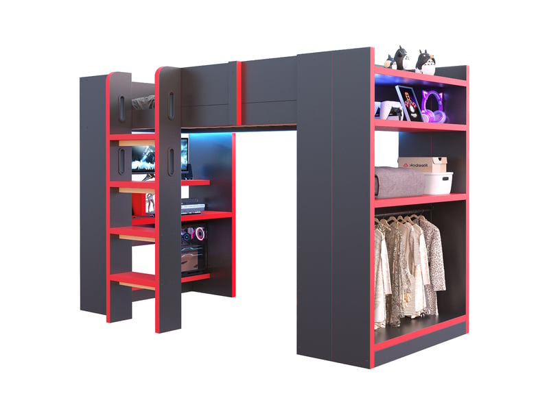  Lit mezzanine 90 x 200 cm avec bureau, support ordinateur, étagères, penderie, prise et éclairage led, noir et rouge Bliss Lite - Conforama A