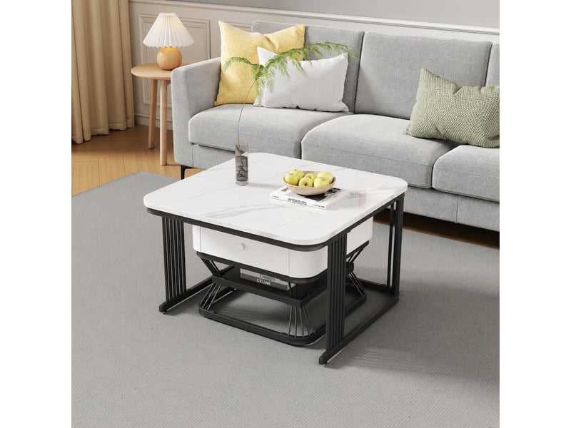  Ensemble de deux tables basses gigognes, effet marbre brillant, 1 tiroir, blanc et noir  - Conforama C