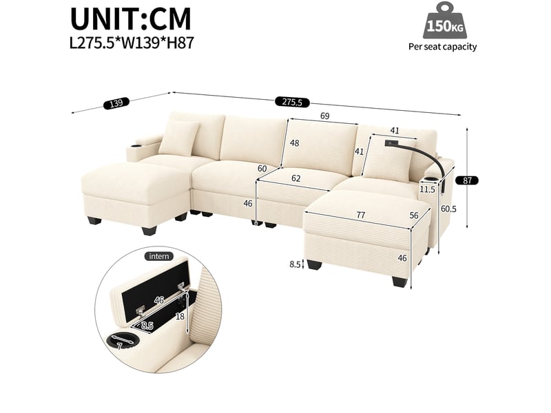  Canapé d'angle modulable convertible 6 places en velours côtelé beige avec usb, rangement et repose-pieds  - Conforama C