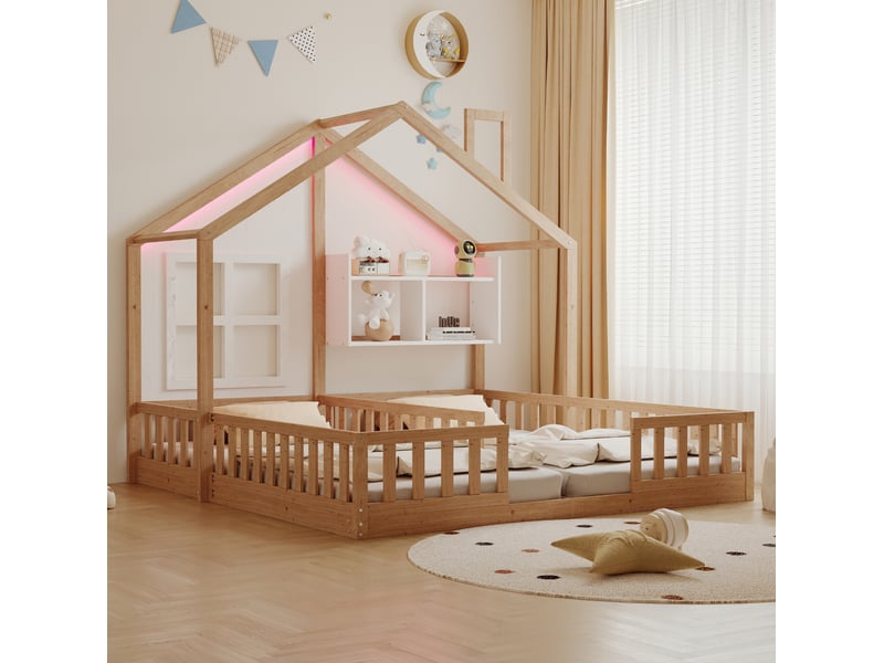  Lit double enfant maison 90x200 cm, barrières de sécurité, rangement, éclairage led, naturel, bois et en mdf, sans matelas  - Conforama B