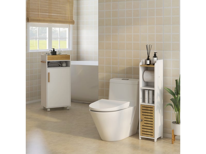  Meuble de salle de bain gain de place en panneaux de particules avec étagères et meuble bas, 18 x 20 x 90 cm, blanc  - Conforama C
