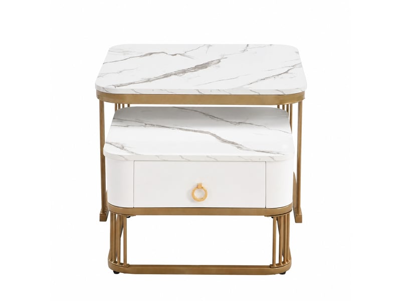  Ensemble de 2 tables basses gigognes effet marbre brillant blanc et doré avec tiroir, ø 60 et 50 cm  - Conforama E