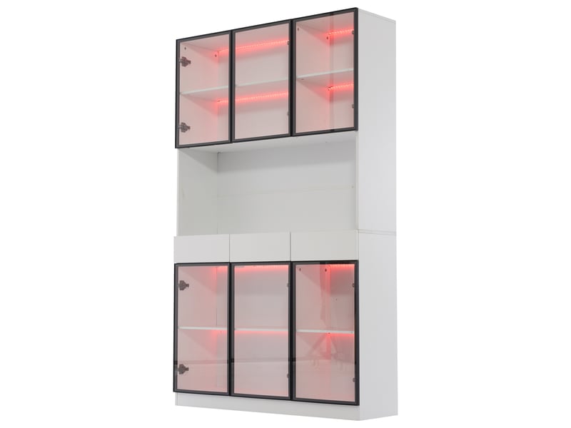  Vitrine blanche 200 cm avec éclairage led, meuble de rangement, bibliothèque, cadre de porte noir, salon et bureau  - Conforama D