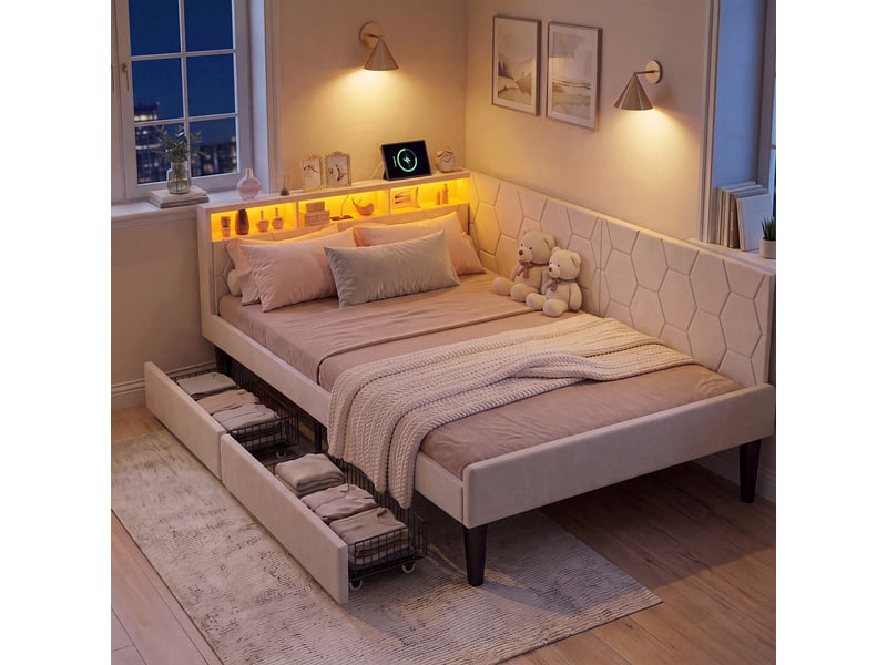  Lit banquette 140x200 cm avec led rgb et usb chargeur, canapé-lit rembourré avec rangement et tête de lit capitonnée lit ado avec tiroirs et cadre de lit à lattes beige velours, sans matelas  - Conforama B