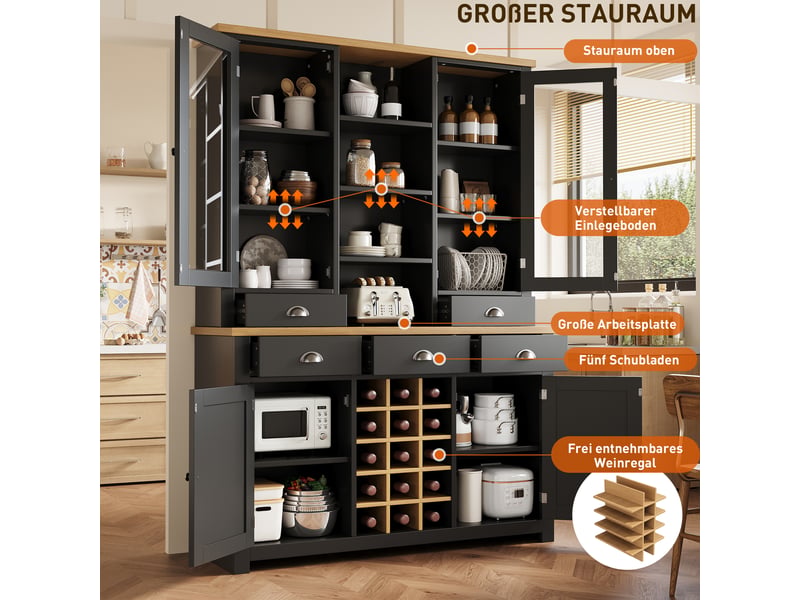 Armoire haute multifonctionnelle noire 120×40×185 cm - porte vitrée, 5 tiroirs, casier à vin amovible, fermeture amortie, anti-basculement - Conforama W