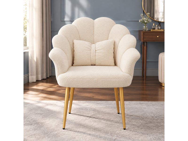 Fauteuil de salle à manger à dossier pétale en tissu teddy beige, pieds dorés - Conforama D