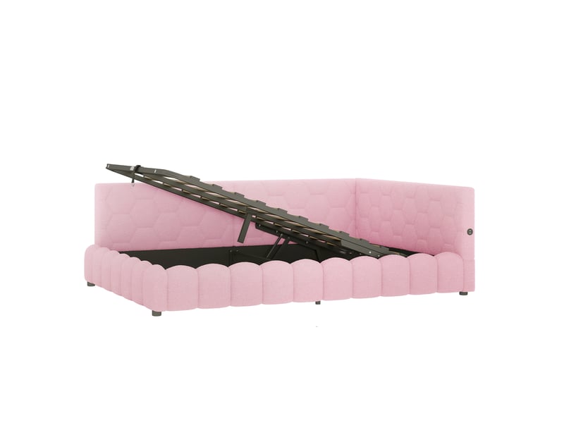 Lit banquette rose 140x200 cm avec led, rangement hydraulique, usb et type-c - Conforama E