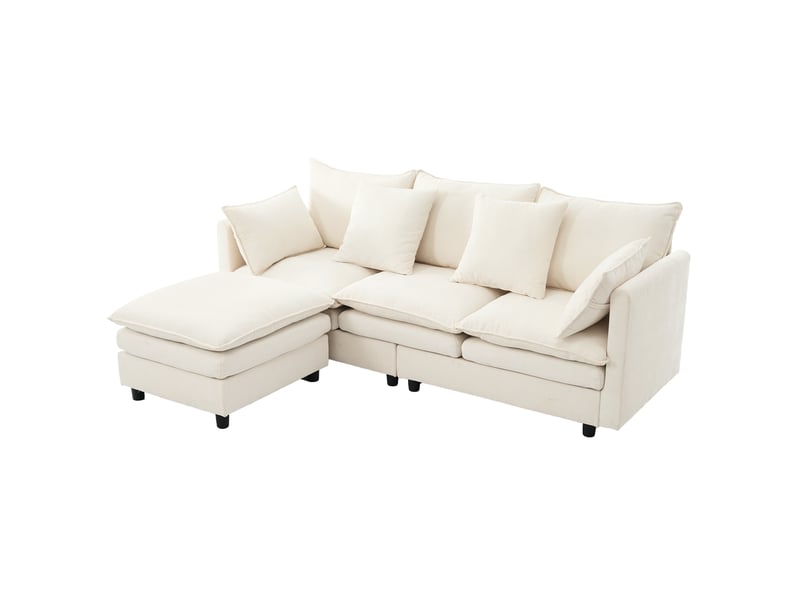  Canapé d'angle en l beige 3 places avec méridienne 212 x 150 x 90 cm chenille et coussins inclus  - Conforama A