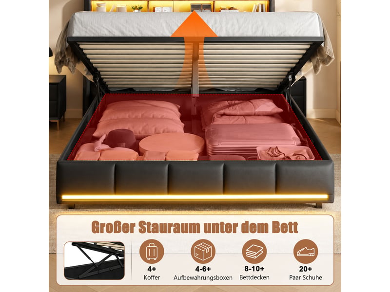 Lit coffre 140x190 avec rangement, lit 2 places avec led et ports usb lit hydraulique avec tête de lit capitonné lit double rembourré avec sommier à lattes lit 2 personnes noir pu, sans matelas - Conforama R