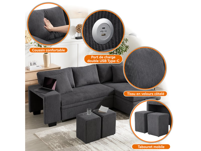 Canapé d'angle convertible 3 places en velours côtelé gris avec coffre et coussins inclus - Conforama W