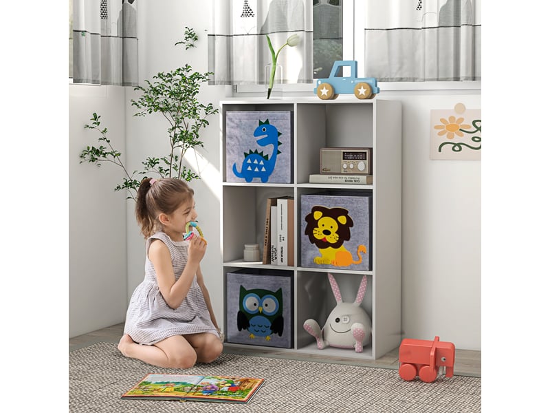 Bibliothèque pour enfants dès 3 ans, 6 compartiments et 3 tiroirs, revêtement en tissu non tissé, 61,8 x 29,9 x 91,5 cm, blanc et gris - Conforama C