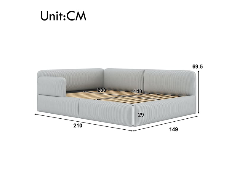 Banquette-lit capitonnée (140 x 200 cm) avec espace de rangement sous le lit et barrières de sécurité latérales, grise  - Conforama C
