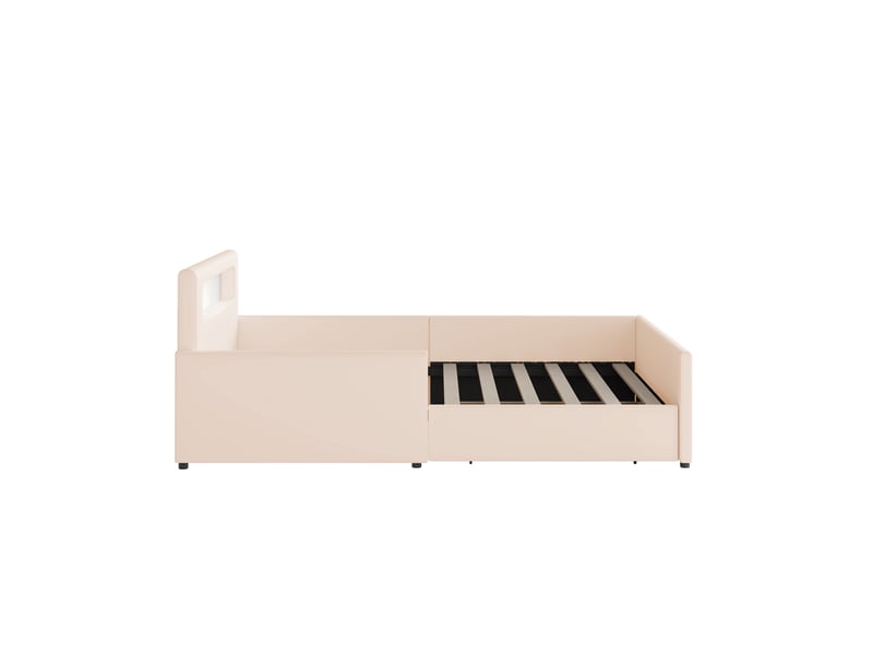  Lit enfant 90x200 cm en similicuir beige, veilleuse, usb, rangements et barrières latérales hautes  - Conforama A