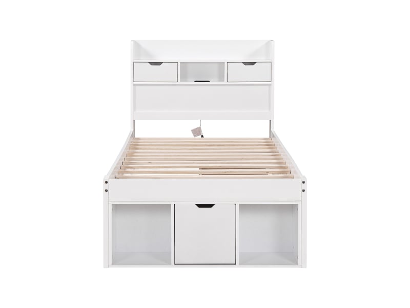  Lit enfant 90x200 cm, lit simple, port usb, 5 tiroirs, compartiments rangement, étagères rangement, blanc, sans matelas  - Conforama D