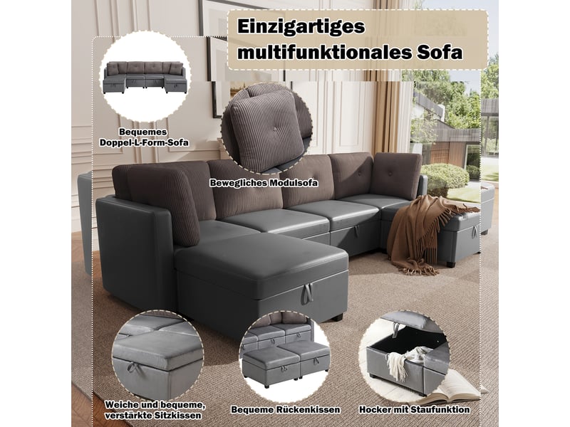  Canapé modulaire 6 modules en u avec rangements, convertible en l, lit ou fauteuil, velours et velours côtelé, mousse haute densité.  - Conforama E