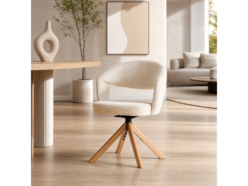  Lot de 2 chaises de salle à manger pivotantes rétro en velours côtelé blanc crème et bois  - Conforama C