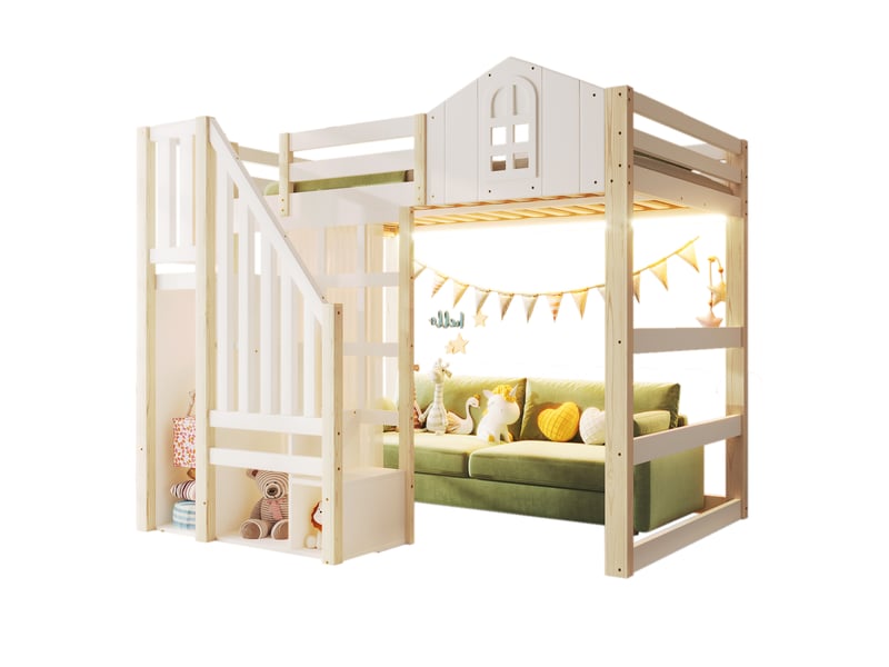 Lit mezzanine blanc et naturel 140×200 cm en pin, avec voilage, escalier de rangement, led et décor de fenêtre - Conforama A
