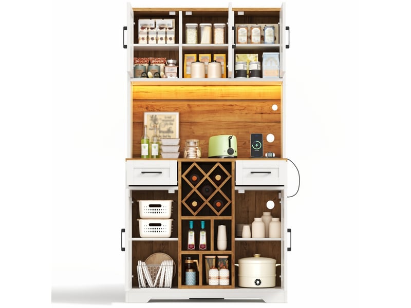  Buffet haut de cuisine avec 2 tiroirs, casier à vin, led et prises, en mdf, pour séjour, 105×40×180 cm, blanc naturel  - Conforama A