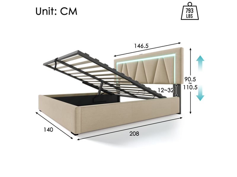  Lit coffre 140 x 200 cm beige avec led, usb et usb type-c  - Conforama E