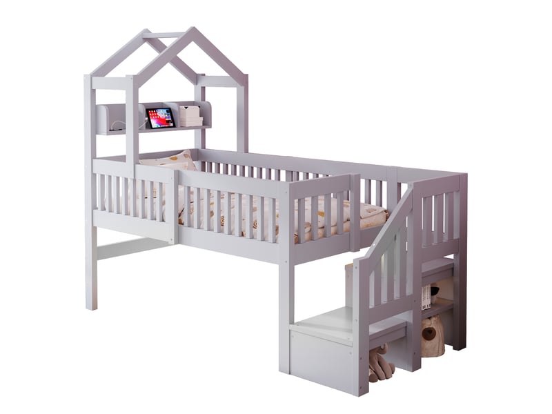 Lit mezzanine cabane enfant 90x200cm avec toit, étagère, veilleuse usb, bande led, barrières de sécurité et échelle de rangement, bois, gris evarich - Conforama A