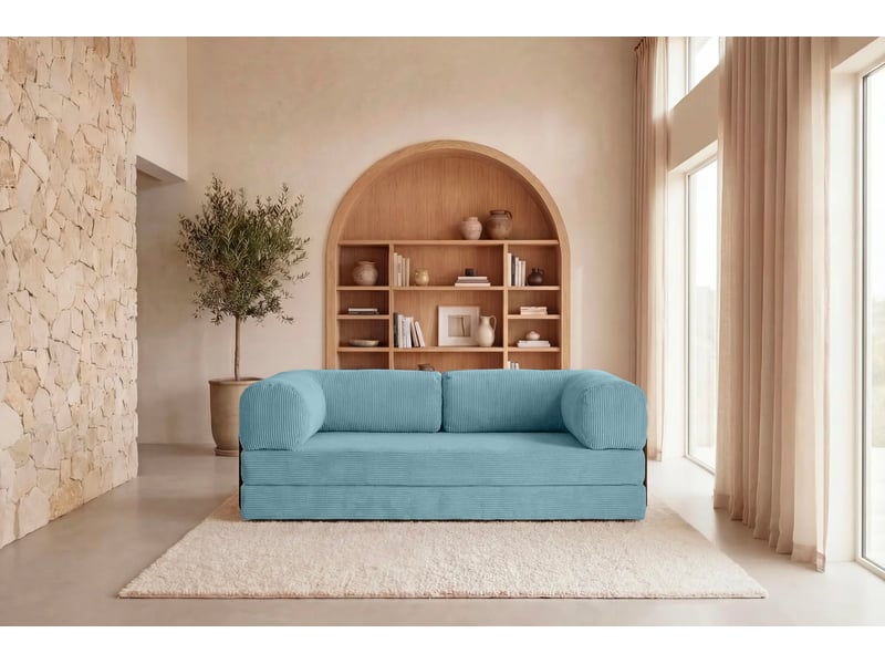  Cosima - canapé droit convertible petit velours côtelé 3 places bleu clair  - Conforama D