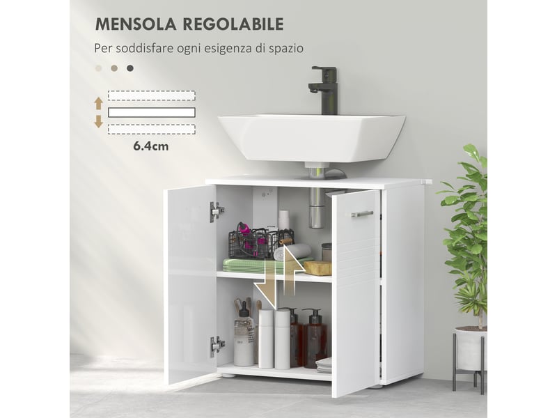  Meuble sous lavabo 2 portes blanc brillant, étagère réglable, 60 x 30 x 62,5 cm  - Conforama W