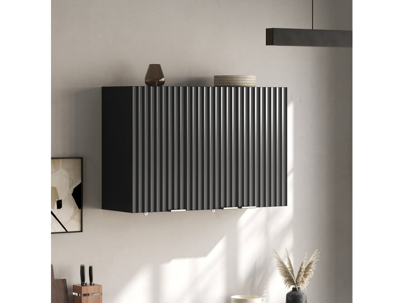  Armoire murale avec 3 portes, rangement fermé et poignées dorées, pour cuisine, en mdf noir, 90 × 29 × 60 cm  - Conforama B