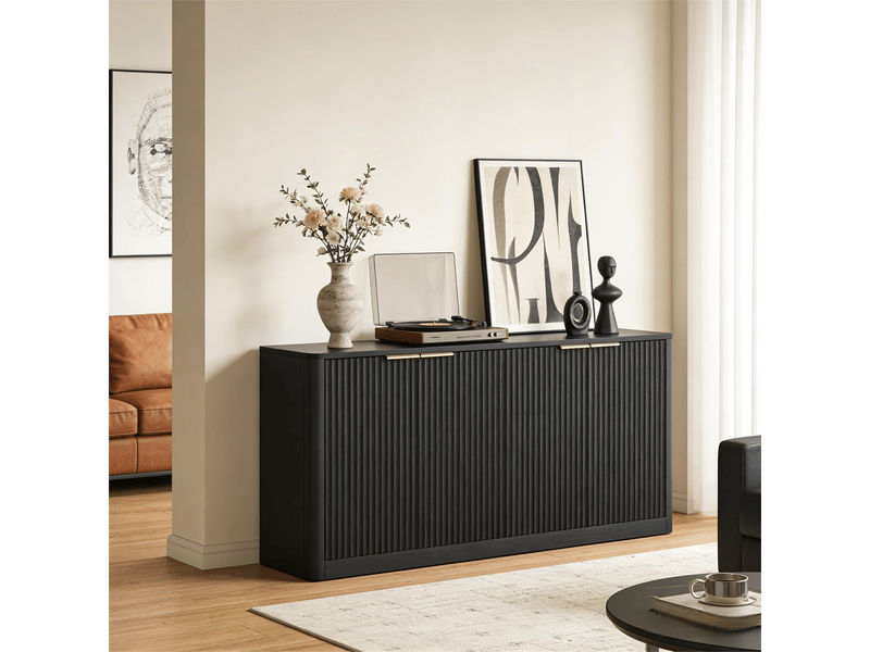 Buffet avec 4 portes et rangement pour salon en mdf, poignées en métal, noir, longueur 150 cm - Conforama D