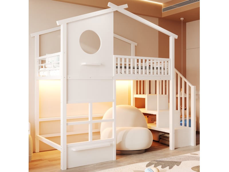 Lit mezzanine tcqpz 90 x 200 cm avec led et escalier de rangement blanc - Conforama D