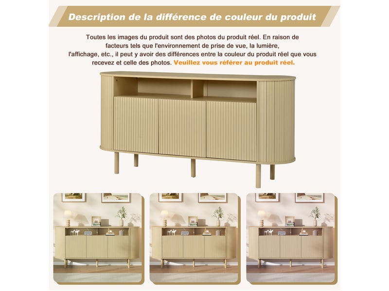  Buffet 160 cm meuble de rangement 3 portes avec étagères ouvertes - pieds en bois massif 75kg  - Conforama R