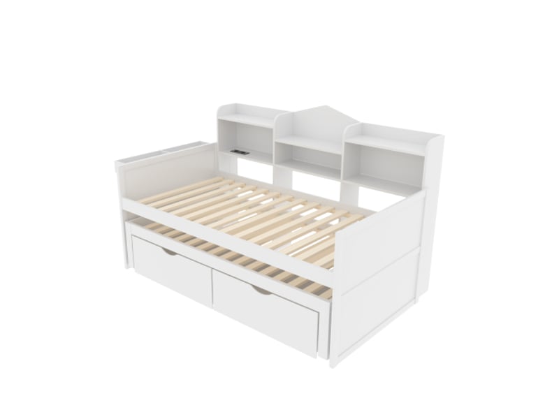  Lit gigogne 90x200 cm, avec 2 tiroirs, avec tête de lit et prise usb, en bois, blanc, sans matelas  - Conforama E
