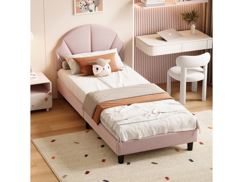  Lit enfant 90x200 cm avec tête de lit réglable, lit 1 place avec sommier à lattes, mobilier de chambre moderne, velours rose, sans matelas  - Conforama B