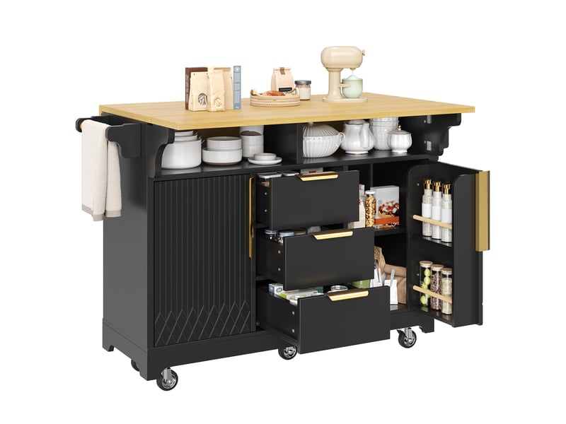  Îlot de cuisine 120x40x95 cm extensible avec rangements, noir et effet bois  - Conforama A