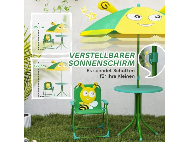  Ensemble mobilier jardin enfant, table, chaises, parasol, design abeille, vert et jaune  - Conforama D