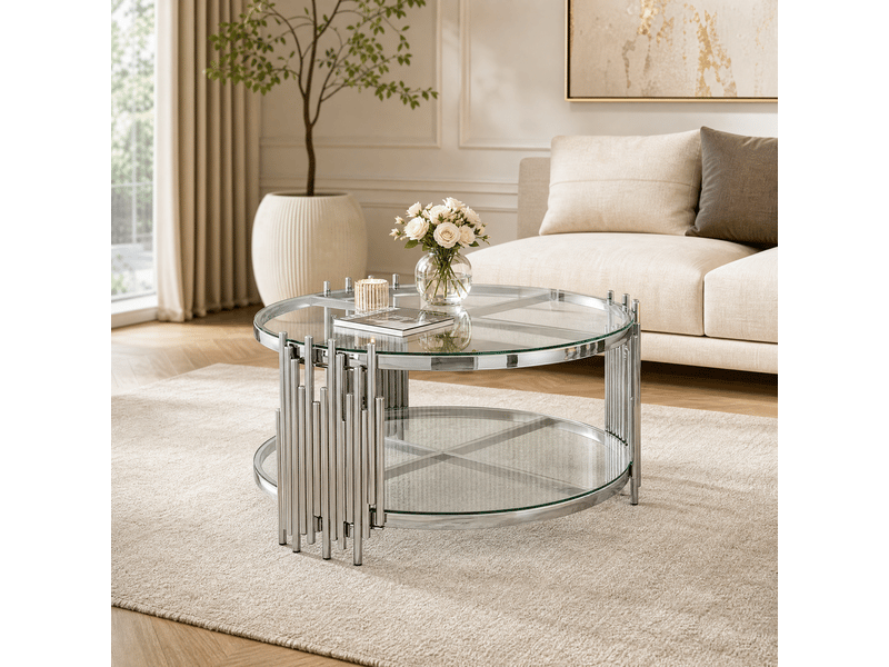 Table basse moderne en verre transparent de 80 cm, argent + transparent, table de salon luxueuse avec double plateau en verre - Conforama B