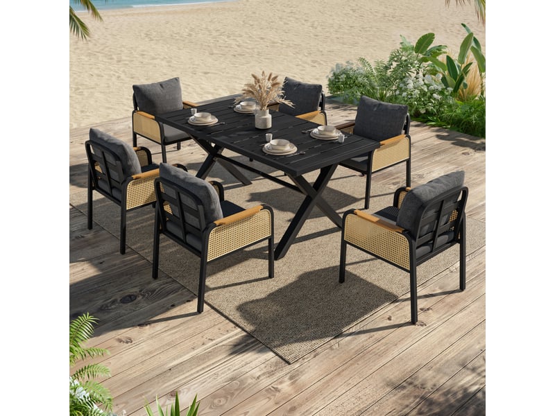  Ensemble table et chaise de jardin avec 1 table et 6 chaises - coussins inclus - fer, polyester et pe - noir et naturel  - Conforama C
