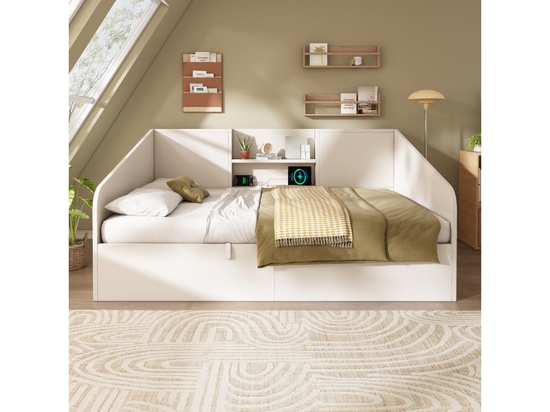  Lit double compact 140x190 cm sans matelas, avec grand coffre hydraulique, 2 tablettes, station usb type-c et sommier, bois, blanc OMNIGLINT TRADING LTD - Conforama D