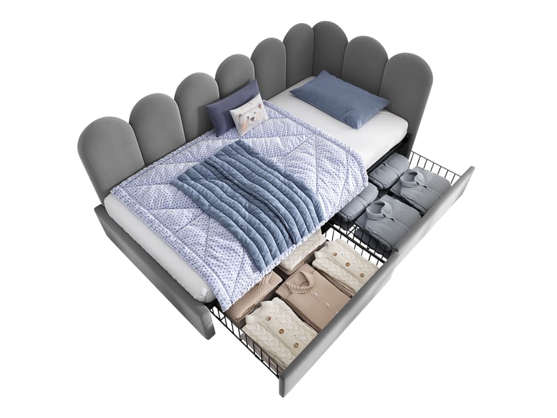 Lit simple 90x190 cm avec 2 tiroirs de rangement et sommier à lattes, velours gris, sans matelas  - Conforama A