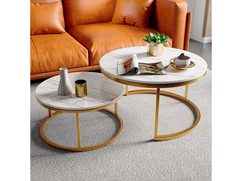  Lot de 2 tables basses gigognes ronde – 80 x 80 x 45 cm – plateau effet marbre &amp; pieds métal – blanc et doré  - Conforama B