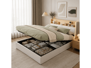 Lit 140x200 avec sommier coffre,led lit double avec rangement,tête de lits avec étagère ouvertes et usb ports,pour adultes et ado,blanc pu