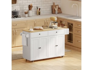 Îlot cuisine mobile mdf blanc 2 tiroirs 2 placards range-épices porte-serviettes porte-couteaux