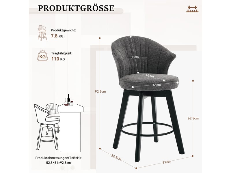 Lot de 2 tabourets de bar,52,5x51x92,5 cm,pivotants,chenille,gris  - Conforama C