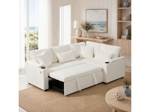 Canapé d'angle droit convertible HAVRYA  4 places Tissu beige avec coffre de rangement