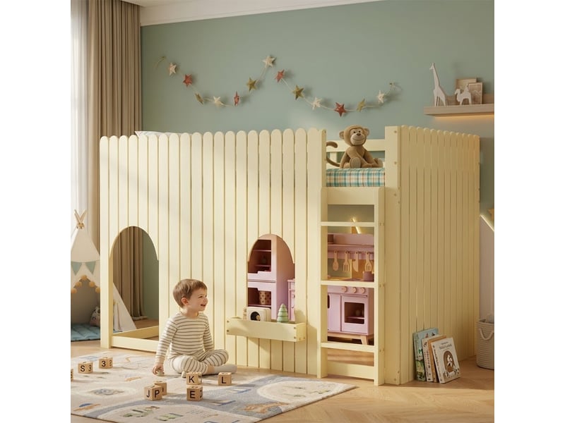  Lit mezzanine naturel 90x200 cm en pin et mdf, led multicolores, échelle à 3 marches avec rangements et fenêtres cintrées  - Conforama B