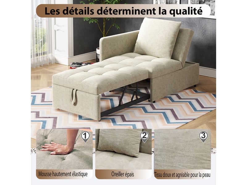  Canapé convertible 3 places beige, lit d'appoint tissu lin avec rangement intégré et dossier réglable  - Conforama W